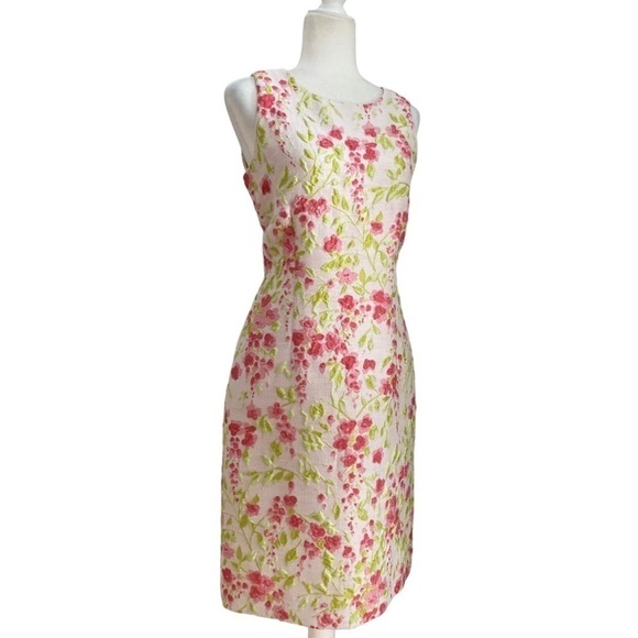 Leggiadro Matelasse Silk Floral Dress Sleeveless Midi Dress White Pink - Picture 5 of 14